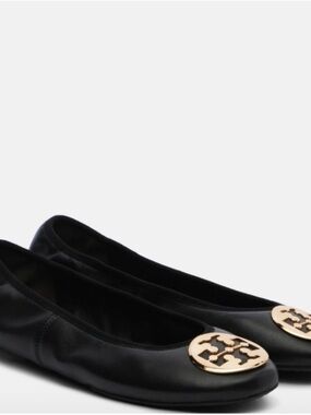 Tory Burch Black Leather Ballet Flats with Gold Logo Emblem